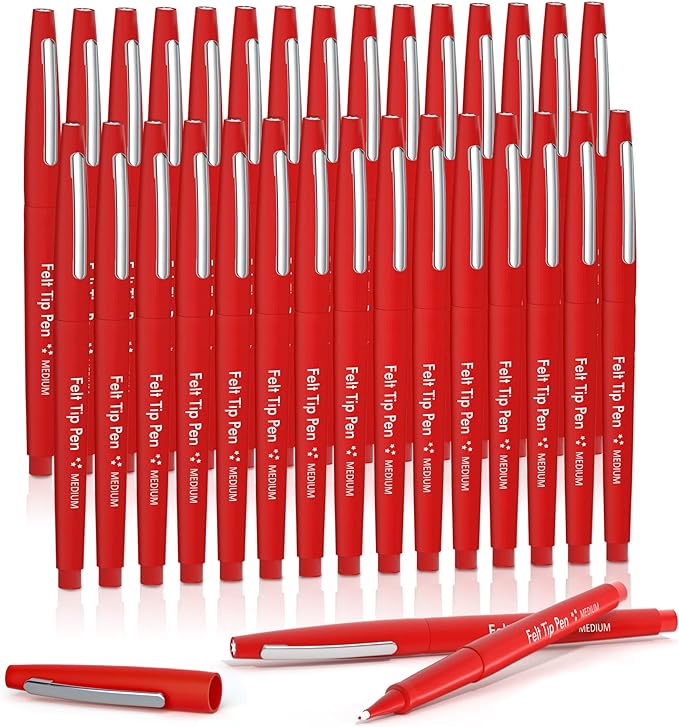Lelix Felt Tip Pens, 30 Red Pens, 0.7mm Medium Point Felt Pens, Felt Tip Markers Pens for Journaling, Writing, Note Taking, Planner, Perfect for Art Office and School Supplies