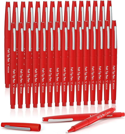 Lelix Felt Tip Pens, 30 Red Pens, 0.7mm Medium Point Felt Pens, Felt Tip Markers Pens for Journaling, Writing, Note Taking, Planner, Perfect for Art Office and School Supplies