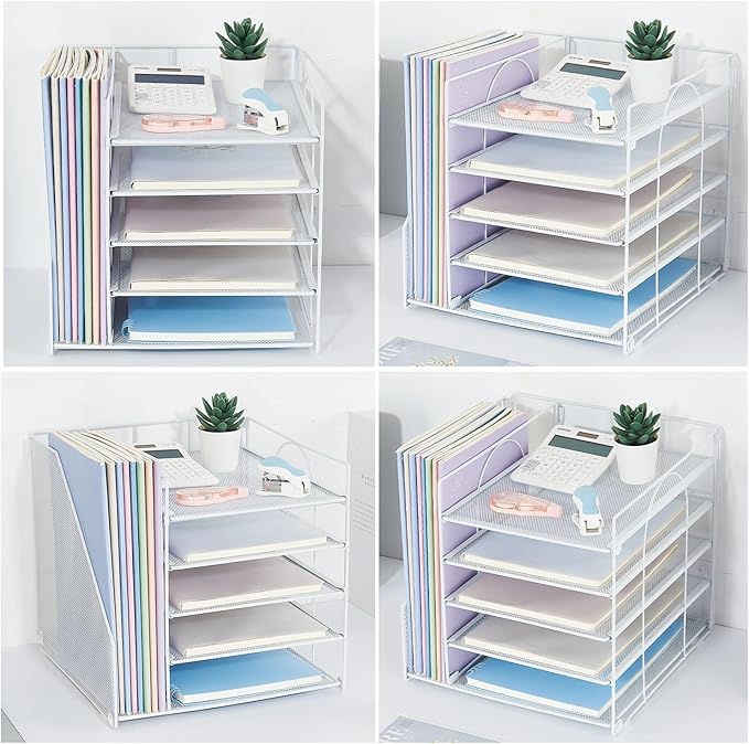 Desk Organizers and Accessories, 5-Tier Paper Letter Tray Organizer with File Holder, Desktop Organizer for Office Supplies, Office Desk Accessories & Workspace (White)