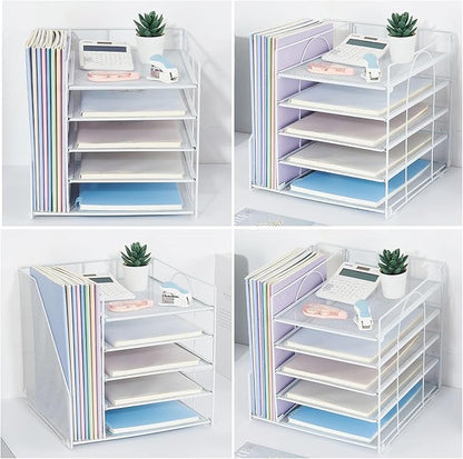 Desk Organizers and Accessories, 5-Tier Paper Letter Tray Organizer with File Holder, Desktop Organizer for Office Supplies, Office Desk Accessories & Workspace (White)
