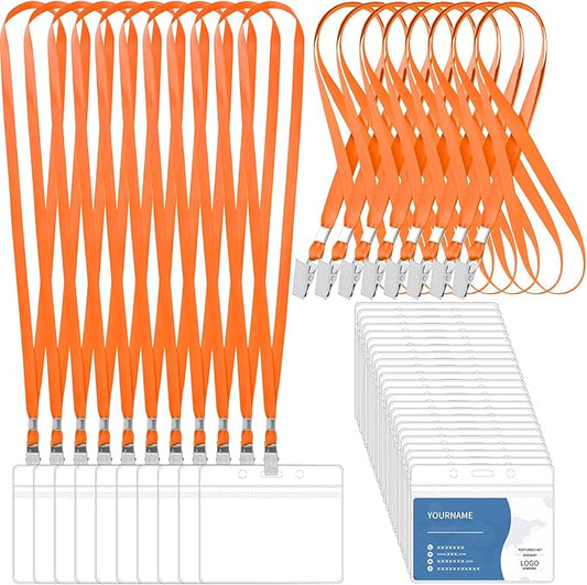 100 Pcs Lanyards for ID Badges and 100 Pcs Clear Name Tag Holders Reusable Lanyard with Clip Plastic ID Card Badge Holder Name Badges for Adults Kids Business School Office Supplies (Orange)
