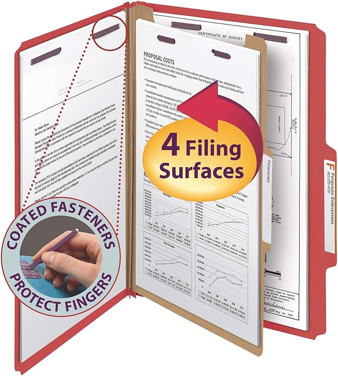 Smead Pressboard Classification File Folder with SafeSHIELD Fasteners, 1 Divider, 2" Expansion, Legal Size, Bright Red, 10 per Box (18731)