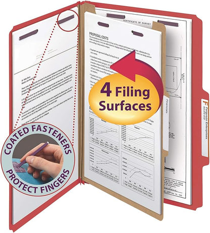 Smead Pressboard Classification File Folder with SafeSHIELD Fasteners, 1 Divider, 2" Expansion, Legal Size, Bright Red, 10 per Box (18731)