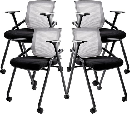 Conference Room Chairs, Folding Office Desk Chair with Lumbar Support and Sliding Armrest with Casters, Stackable Office Guest Chairs & Reception Chairs(4 Pack)