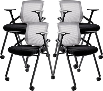 Conference Room Chairs, Folding Office Desk Chair with Lumbar Support and Sliding Armrest with Casters, Stackable Office Guest Chairs & Reception Chairs(4 Pack)