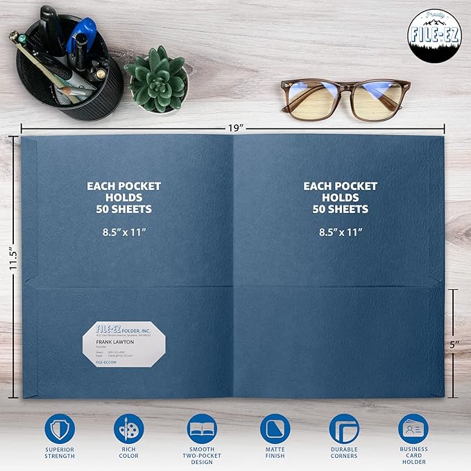 FILE-EZ Two-Pocket Folders, Dark Blue, 125-Pack, Textured Paper, Letter Size (EZ-32423)