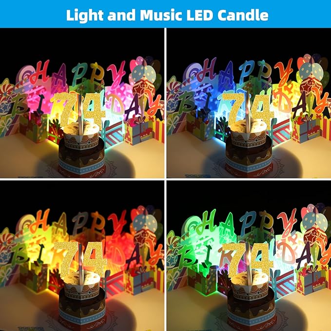 Gumry 74TH Musical Birthday PopUp Card, Blowable Colorful Light Candle 3D Cards with Song, Applause Cheers Sound, Greeting Cards Birthday Gifts Decorations for Women Men Turning 74 Years Old