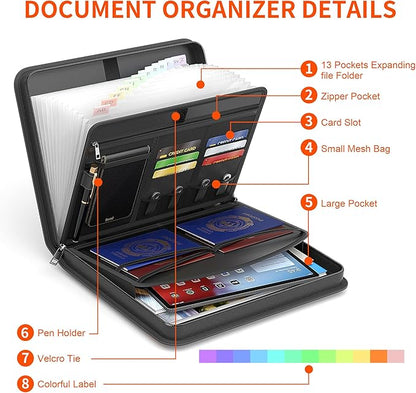 Fireproof Accordion File Organizer with 13 Pocket, Document Organizer with Handle & Labels, Expanding File Folder Multi-Layer Portable Home Travel Storage for Letter A4 Files and More