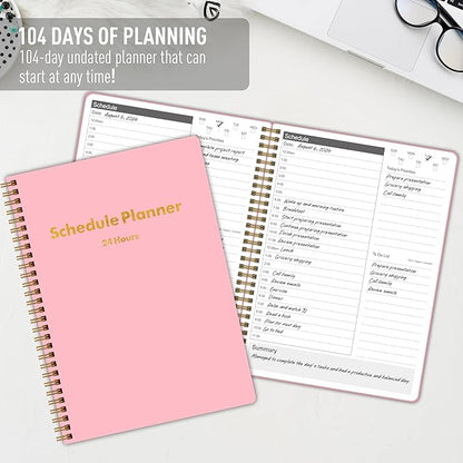 24 Hour Schedule Daily Planner - Undated To Do List Notebook with Hourly Schedule, 7" x 10", Spiral Organizer Your Tasks and Appointments, Home or Office Supplies for Women - Carnation Pink