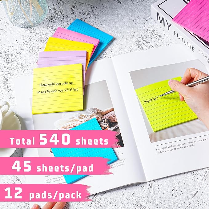 (12 Pads) Lined Sticky Notes 4x4 in Post, 6 Bright Colors with Lines Self-Stick Note Pads it, Strong Adhesive