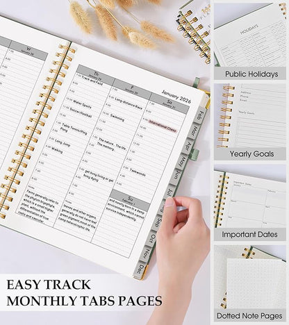 2026 Planner, Weekly and Monthly Calendar Planner from January 2026 - December 2026, 8.5" x 11" Hardcover Leather Hourly Appointment Book with Tabs, Spiral Daily Planners for College School Work Home, Green