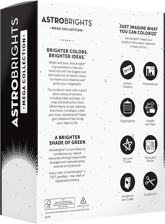 Astrobrights Mega Collection, Colored Cardstock, Bright Confetti White, 320 Sheets, 65 lb/176 gsm, 8.5" x 11" - MORE SHEETS! (91683)