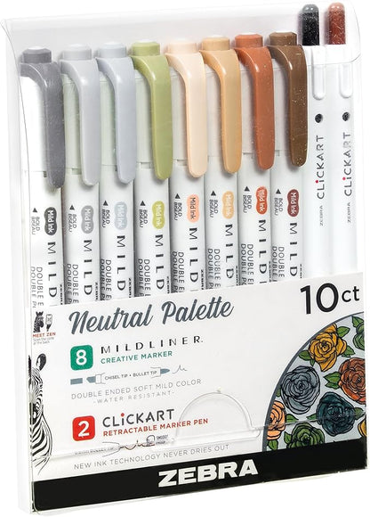 Zebra Pen Neutral Palette Set, Includes 8 Mildliner Highlighters and 2 ClickArt Markers, No Bleed Bible Assorted Neutral Vintage Ink Colors, 10-Pack, Model Number: 78601