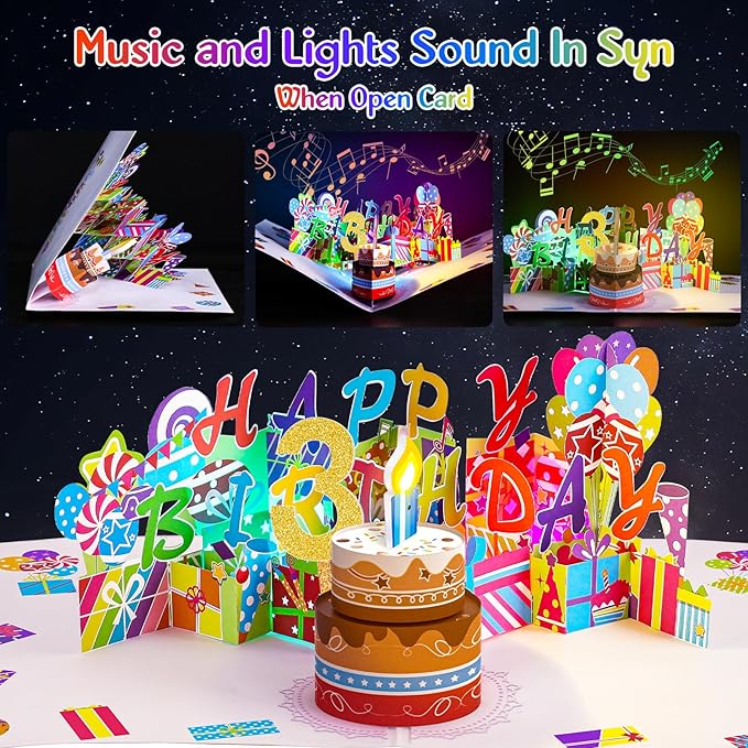 Gumry 3RD Musical Birthday PopUp Card, Blowable Colorful Light Candle 3D Cards with Song, Applause Cheers Sound, Greeting Cards Birthday Gifts Decorations for Daughter Son Turning 3 Years Old