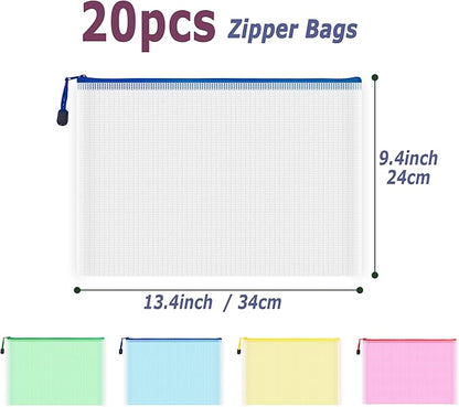 AUSTARK 20 Pcs Zipper File Bags, Plastic Mesh Pouch, Board Game Storage Bag, Waterproof Bags for Office School (A4 Size 13.4''x9.4'', Multicolored)