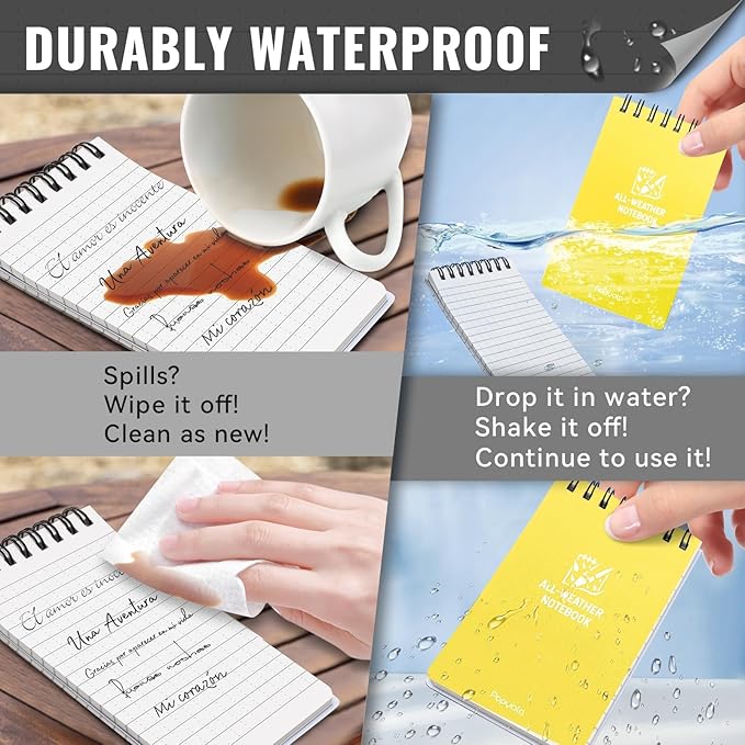 POPYOLA 6 Pack Waterproof Pocket Notebook, 3x5 Pocket Notepad, All Weather Mini Spiral Notepad, Write in the Rain Police Notepad with 100 Squared Pages for Outdoor Home Office School, Yellow