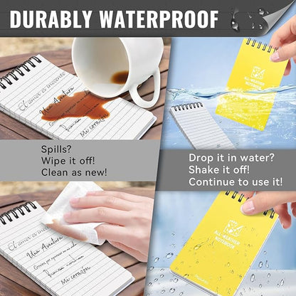 POPYOLA 6 Pack Waterproof Pocket Notebook, 3x5 Pocket Notepad, All Weather Mini Spiral Notepad, Write in the Rain Police Notepad with 100 Squared Pages for Outdoor Home Office School, Yellow