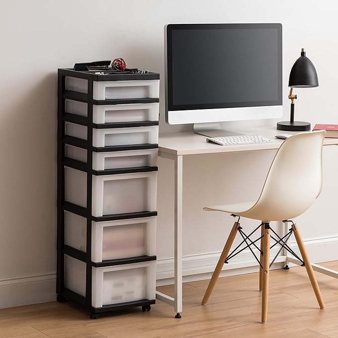 IRIS USA Plastic Drawer Storage Organizer Rolling Cart, with Wheels Casters, 7-Drawers, for Classroom Art Craft Supplies Dresser Closet Bathroom Bedroom, Top Organizer for Small Parts, Black/Pearl