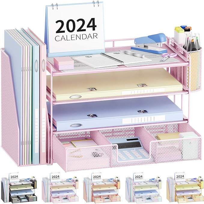 Desk Organizers and Accessories, Desk Accessories & Workspace Organizers for Office Supplies, File Organizer Desk Drawer Organizer with 2 Pen Holders, 4 Tier Paper Organizer for Desk(Pink)