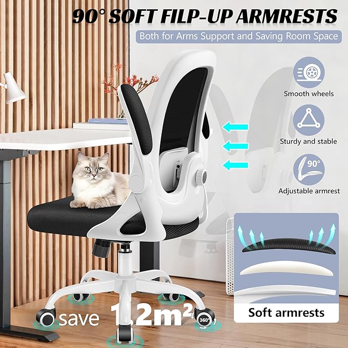 Office Chair Ergonomic Desk Chair with Adjustable 3D Lumbar Support and Height, Comfy Mesh Computer Chair with Flip-up Armrests, Swivel Rolling Task Chair with Wheels for Home Office (White)