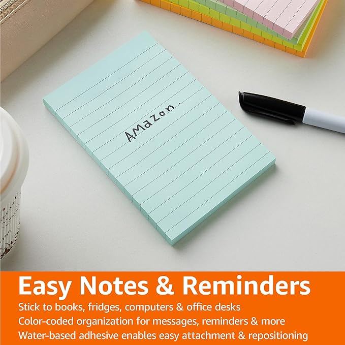 Amazon Basics Sticky Note Pads, Lined, 4x6, Rectangular, Assorted Colors, Pack of 5