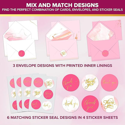 Decorably 24 Pack Gold-Foiled 6x4in Pink Thank You Cards with Envelopes and Stickers, 6 Elegant Designs Pink Blank Cards and Envelopes, Blank Inside - Wedding, Baby Shower, Birthday