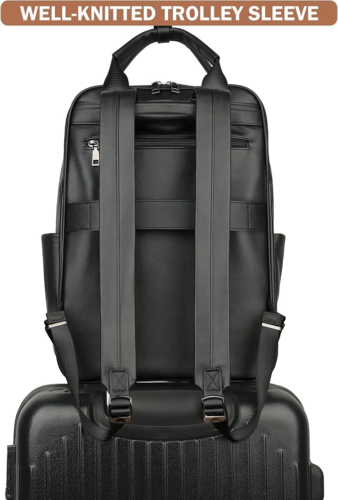 MASINTOR Leather Laptop Backpack for Women, Stylish Computer Backpack College Business Work Shoulder Bags Work and Travel Black