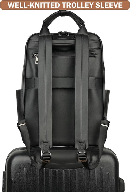 MASINTOR Leather Laptop Backpack for Women, Stylish Computer Backpack College Business Work Shoulder Bags Work and Travel Black