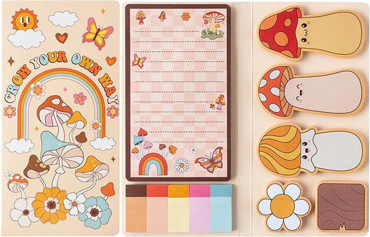 B1ykin Sticky Notes Set - Cartoon Theme Cute Self-Stick Notes Pad Teacher Appreciation Gifts， Self-Adhesive Writing Memo Pages Sticky to Do Notepad for Kids Employee School Office (Retro Mushroom)