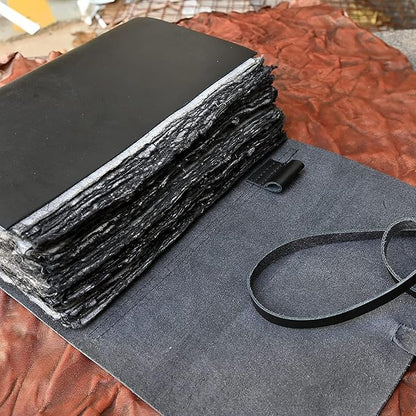 Vintage Black Leather Journal - 200 Pages Gray Deckle Edge Rustic Paper, Unlined Pages Book of Shadows, Grimoire, Junk Notebook, Fantasy Medieval Gifts, Sketchbook, Scrapbook (Raven Black, 7"x5")