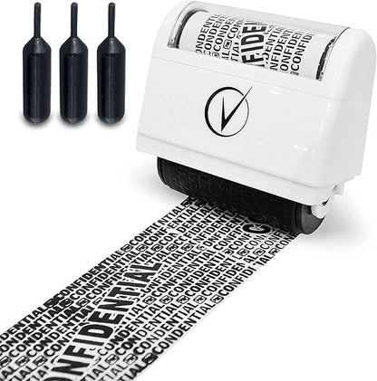 Identity Theft Protection Roller Stamps Wide Kit - Confidential Roller Stamp, Anti Theft, Privacy & Security Stamp, Designed for ID Blackout Security - Classy White with 3 Refills