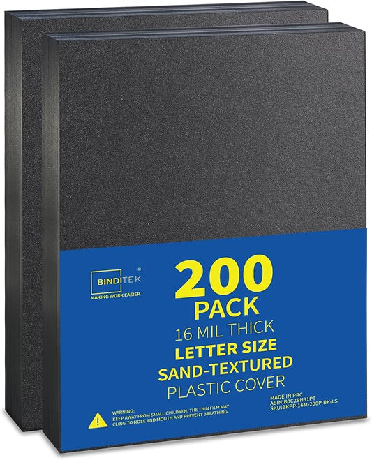 Binditek 200 Pack 16 Mil Sand-Textured Polycover, Midweight Binding Front and Back Covers, Lightly Textured Sand Finish, 8-1/2" x 11", Square Corners, Un-Punched, Black, Office Supplies