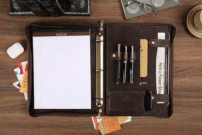 Portfolio Binder 3 Ring, Leather Binder Portfolio Folder for Left-Handed, Zippered Portfolio Padfolio Binder for Women, Leather Portfolio Organizer for Men (Dark Khaki, Non-Custom)