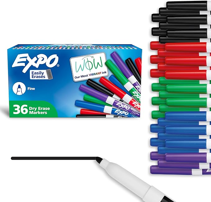 EXPO Low Odor Dry Erase Markers, Fine Tip, Assorted Colors, 36 Count