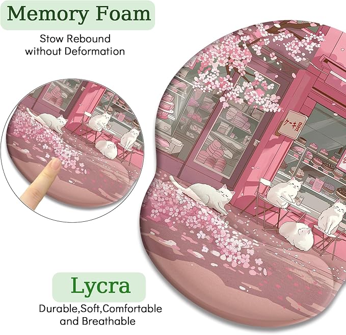 Cat Ergonomic Mouse Pad with Wrist Rest, Pink Cherry Blossom Computer Mouse Pad Wrist Support with Non-Slip Pain Relief PU Base, Cute Office Desk Decor Accessories Japanese Dessert House
