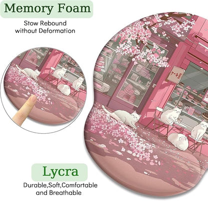 Cat Ergonomic Mouse Pad with Wrist Rest, Pink Cherry Blossom Computer Mouse Pad Wrist Support with Non-Slip Pain Relief PU Base, Cute Office Desk Decor Accessories Japanese Dessert House