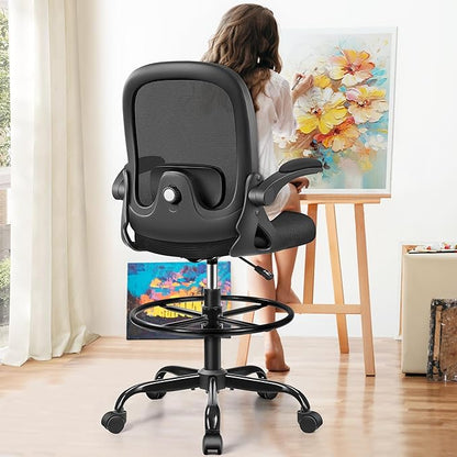 Drafting Chair, Tall Office Chair Ergonomic Standing Desk Chair,with Adjustable Footrest Ring, 3D Lumbar Support, Flip-up Armrests, Swivel Desk Stool for Drawing Working (Black)