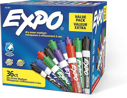 EXPO Low Odor Dry Erase Markers, Chisel Tip, Assorted Colors, Pack of 36 - Ideal for Classrooms, Offices & Home Offices