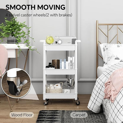 3-Tier Utility Rolling Cart with Cover Top Board, Mobile Utility Cart with Lockable Casters Multi-Functional Storage Trolley for Office, Bathroom, Kitchen, Garden, Laundry Room (White)