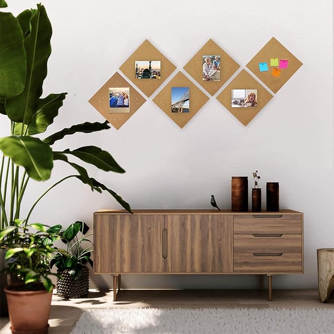 SUNGIFT Cork Board 12"x12" - 1/2" Thick Square Bulletin Boards 6 Pack Cork Tiles with 50 Push Pins Mini Wall Self-Adhesive Corkboards Tiles for Wall