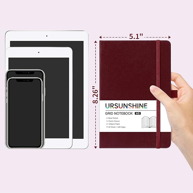 Graph Grid Paper Notebook/Journal - Classic Journal/Notebook with Ribbon Divider, Hardcover with Thick Paper, 5.3" x 8.26", Banded + Pen Holder +Inner Pocket - Burgundy
