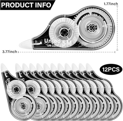 Correction Tape, Easy To Use Applicator for Instant Corrections, For school, Office (12pack, 5M/196" x 0.2", White)