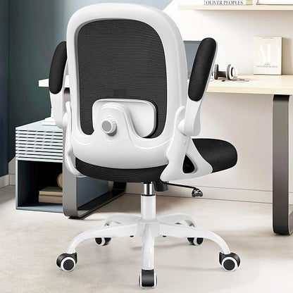 Office Chair Ergonomic Desk Chair with Adjustable 3D Lumbar Support and Height, Comfy Mesh Computer Chair with Flip-up Armrests, Swivel Rolling Task Chair with Wheels for Home Office (White)