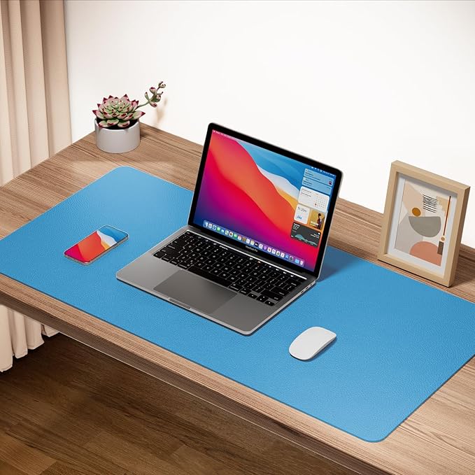 ‎Boutilon Leather Desk Pad 30" x14",Non-Slip Mouse Pad,Office Desk Mat,Waterprooft PU Leather Desk Blotter,Desk Pad Protector,Desk Writing Pad for Home Office Decor (M-Blue)