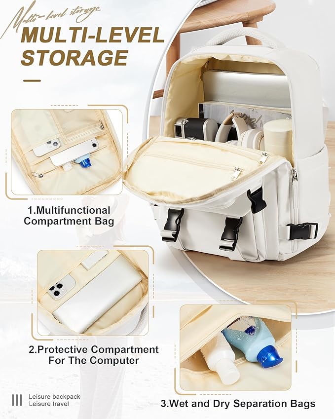 Large Travel Carry on Laptop Backpack for Women Men, Expandable Flight Approved Backpack, Waterproof Sports College bag Casual Daypack for Weekender Business Hiking with Beige