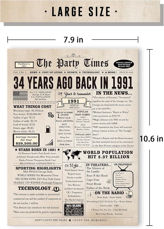 34th Birthday Card Gifts for Men Women, Large 34 Bday Gift Cards for Husband Wife, Happy 34 Year Old Birthday Decorations for Her Him