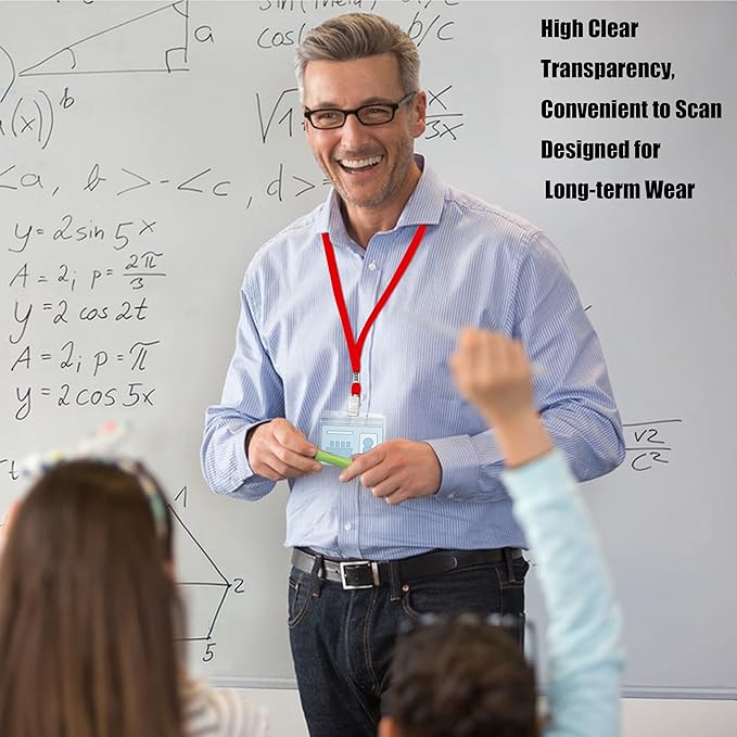 100Pcs Clear Plastic Horizontal Name Tags Badge ID Card Holders and 100Pcs Lanyards with Clip (Red)