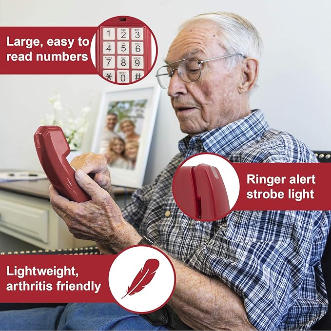 iSoHo Phones - Hearing Device-Friendly Phone – Gentle on Aching Hands, Easy-to-Press Buttons, Wall-Mountable, Custom Ringtone/Volume, Adjustable Ringer & Call Waiting with Lighted Keypad, Crimson Red