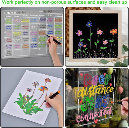 24 x Chalk Markers,Liquid Chalk Markers, Chalkboard Markers for Acrylic Fridge Calendar Board,Window, Mirror,Glass,12 Vibrant Colors, 1mm Fine Points