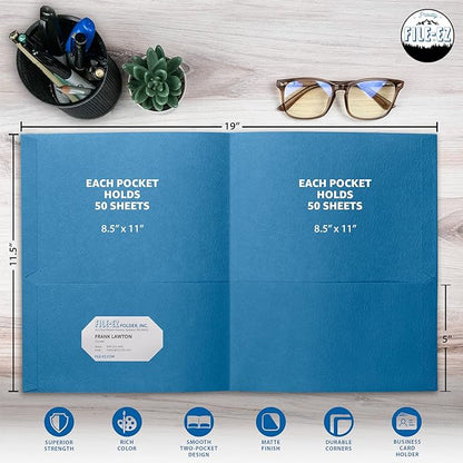 FILE-EZ Two-Pocket Folders, Light Blue, 25-Pack, Textured Paper, Letter Size (EZ-32520)